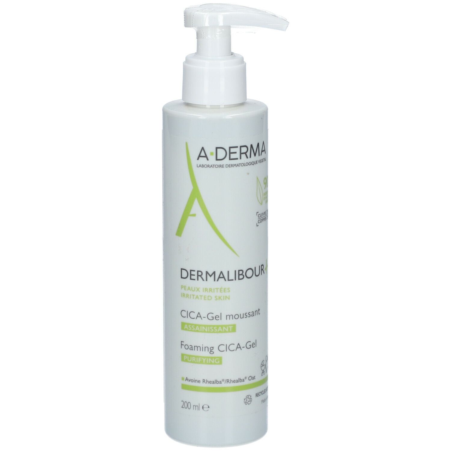 Groene fles met pomp. Opschrift: A-DERMA, DERMALIBOUR+, CICA-Gel moussant, Foaming CICA-Gel. 200ml.