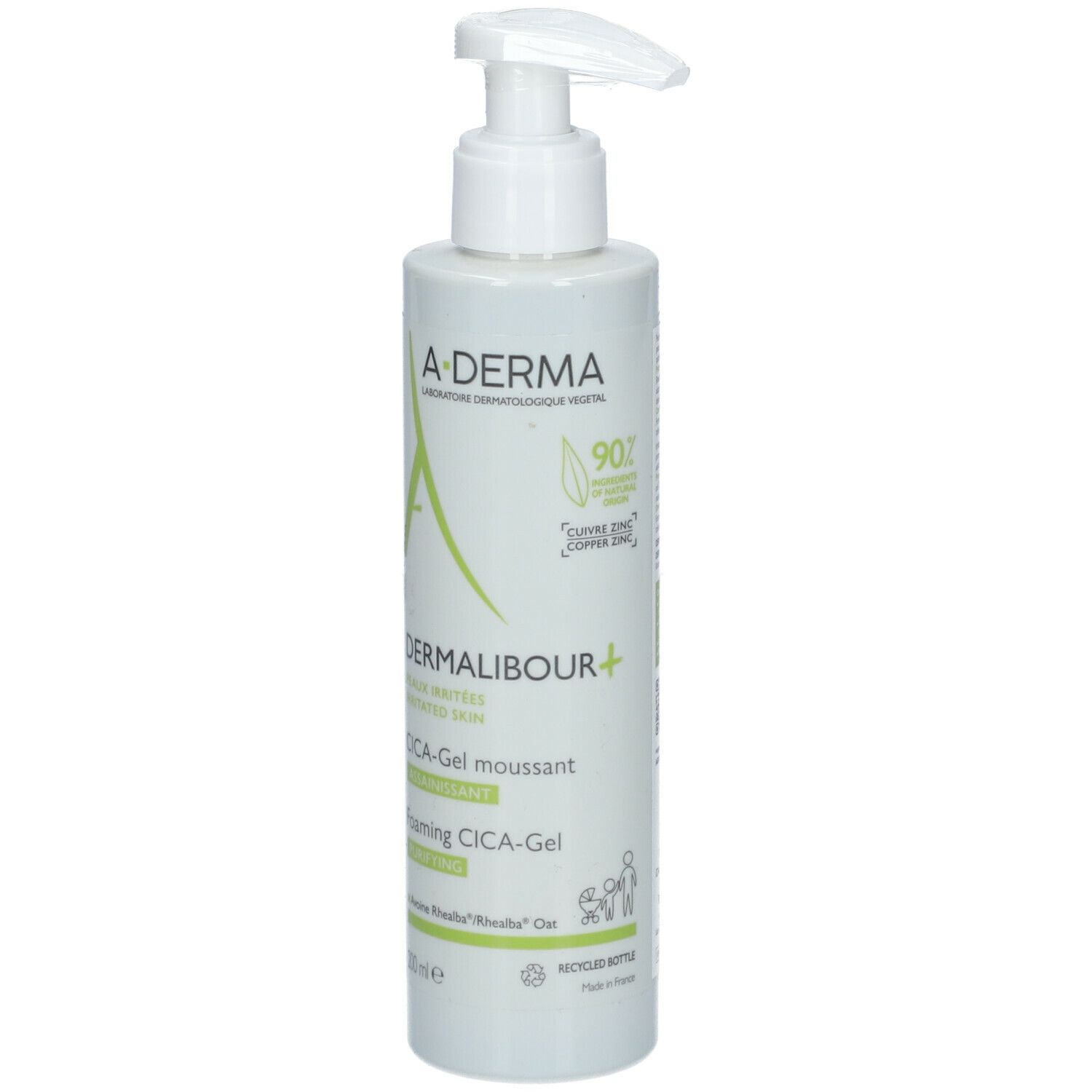 Groene fles met pomp. Opschrift: A-DERMA, DERMALIBOUR+, CICA-Gel moussant, Foaming CICA-Gel. 200ml. 90% ingrediënten van natuurlijke oorsprong.