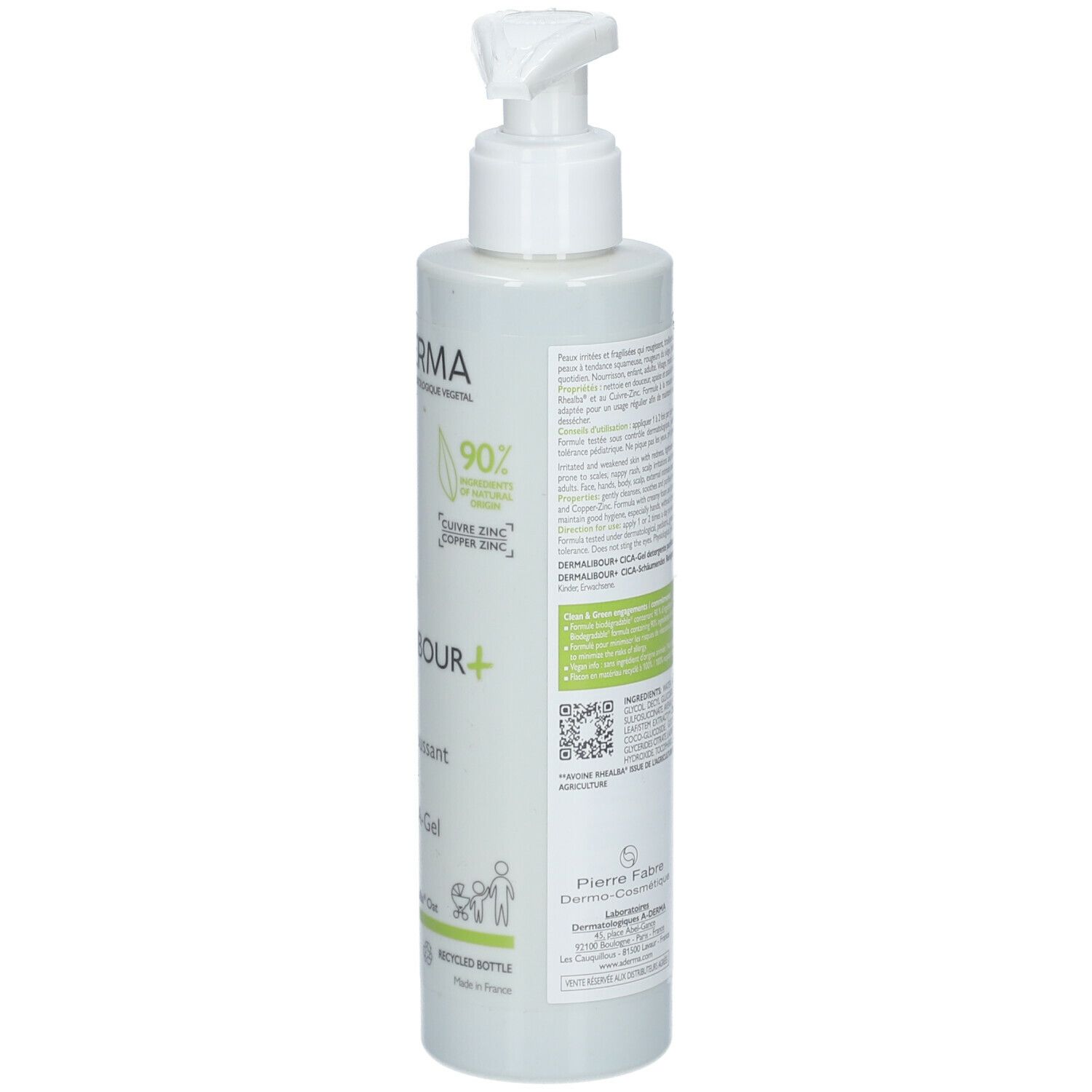 Groene fles met pomp. Achterkant met tekst en barcode. A-DERMA, DERMALIBOUR+, CICA-Gel moussant, Foaming CICA-Gel. 200ml. Gerecyclede fles.