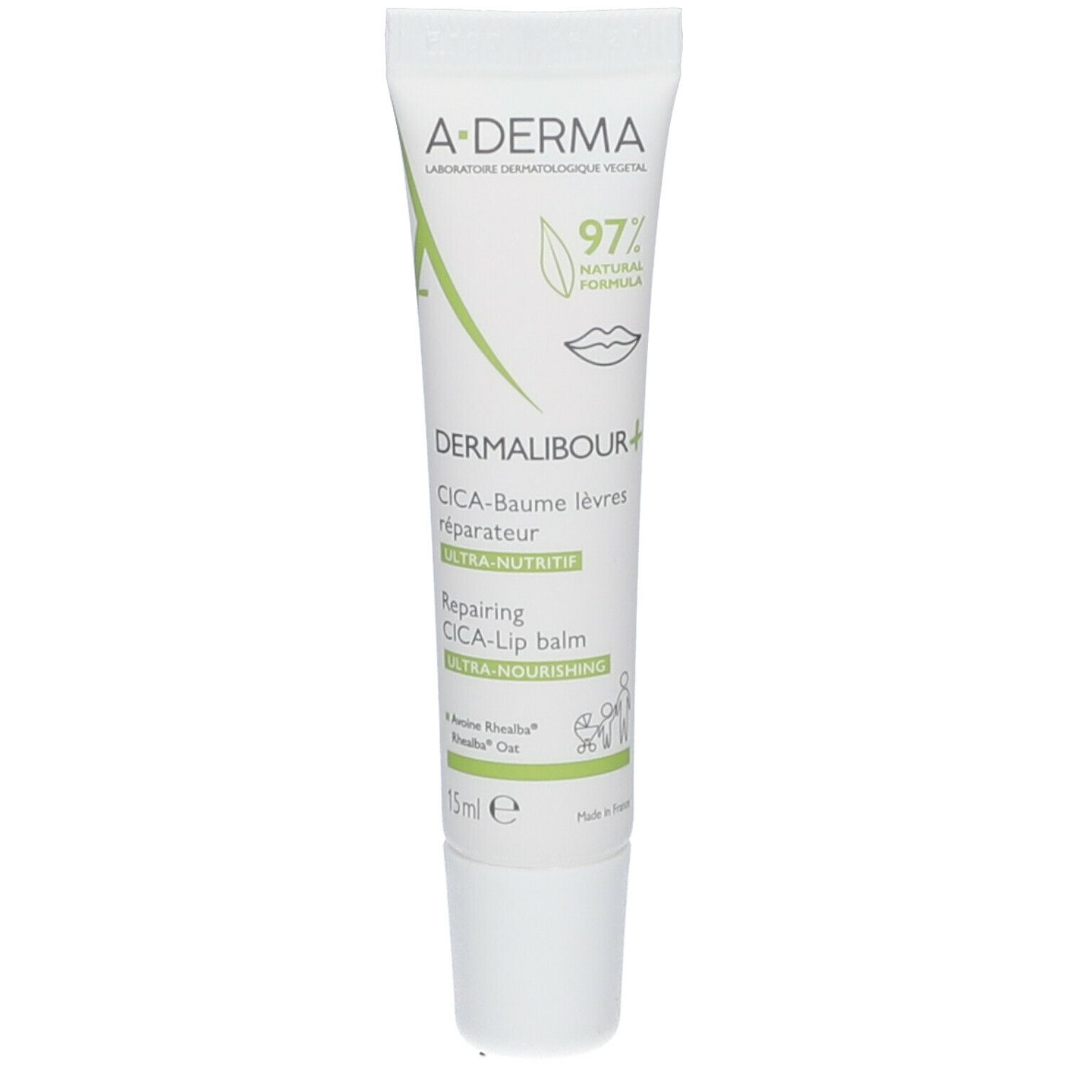 Wit-groene tube met A-DERMA-logo en opschrift DERMALIBOUR+. Bevat 15 ml. Lippenbalsem.