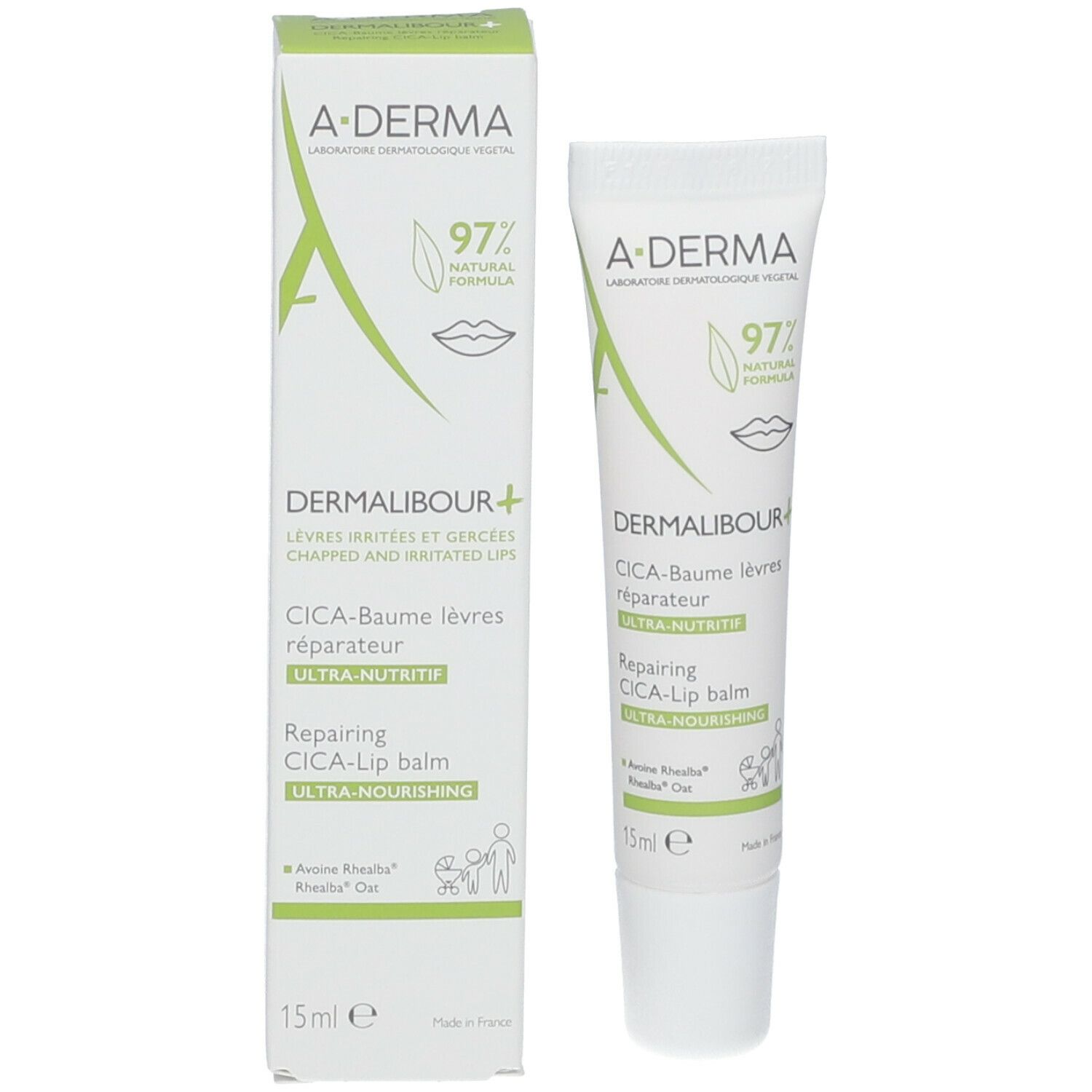 Product en verpakking. A-DERMA DERMALIBOUR+ lippenbalsem en doos. 15 ml.