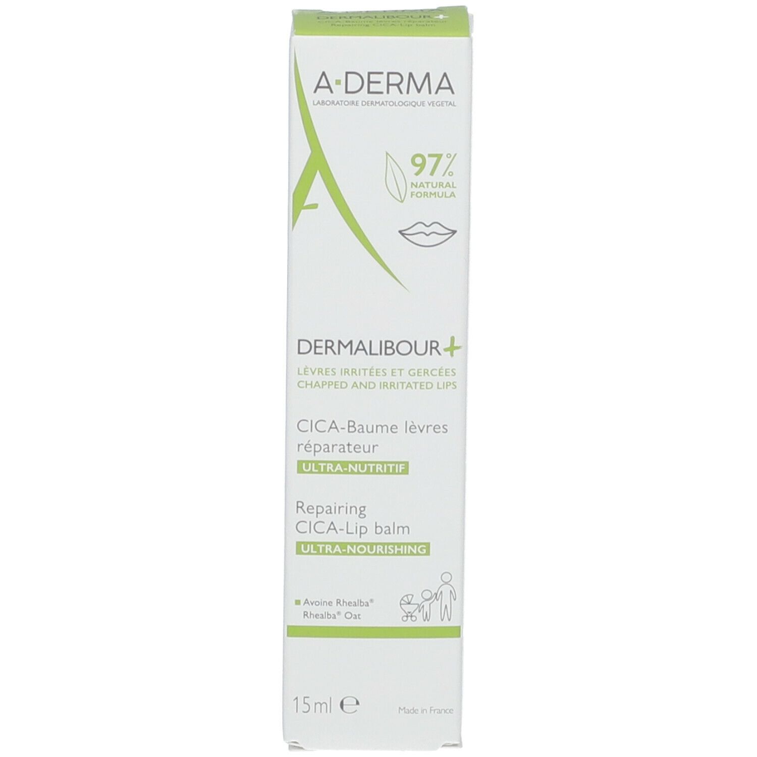 Verpakking. A-DERMA DERMALIBOUR+ lippenbalsem. Groen-witte doos met productinformatie.