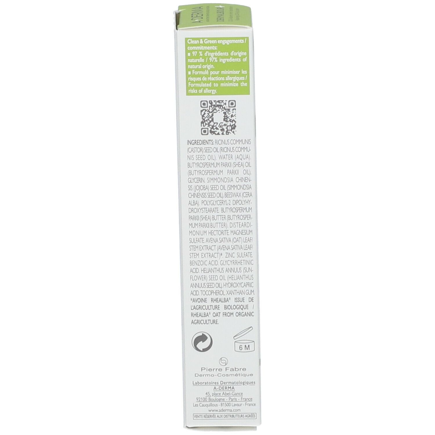 Achterkant van de verpakking. Ingrediënten, QR-code, gebruiksinformatie.