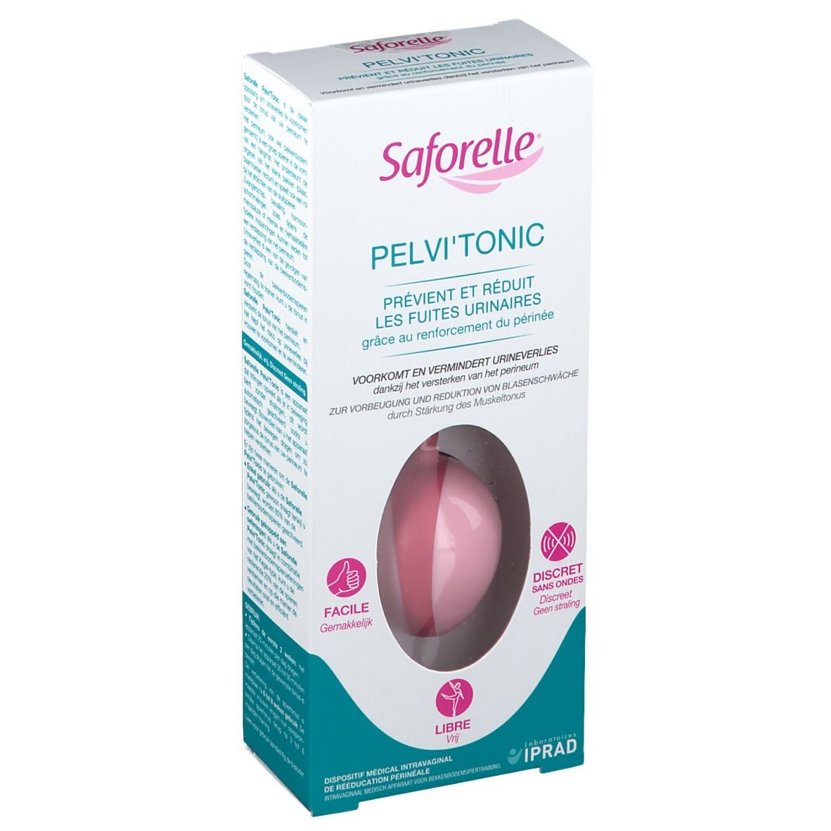 Boîte Saforelle® PELVI' TONIC. Produit rose visible. Texte: PELVI' TONIC, prévient et réduit les fuites urinaires.