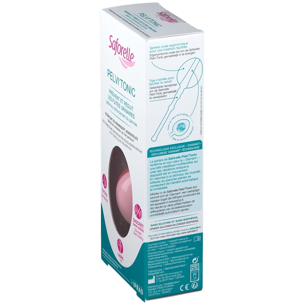 Vue latérale de la boîte Saforelle® PELVI' TONIC. Produit rose visible. Texte: PELVI' TONIC, technologie.
