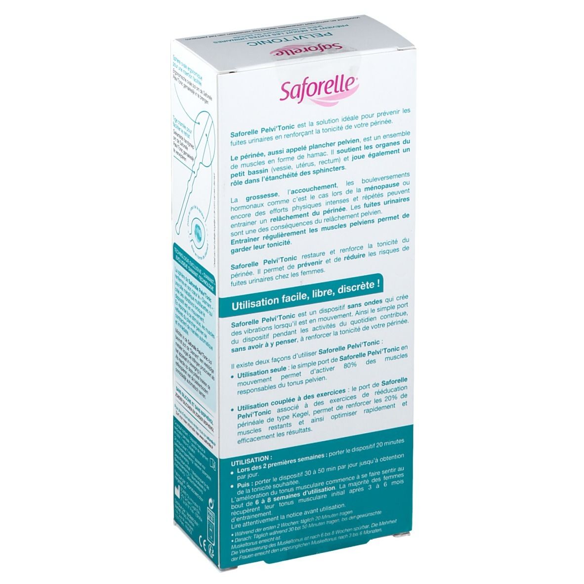 Dos de la boîte Saforelle® PELVI' TONIC. Texte décrivant l'utilisation et les avantages du produit.