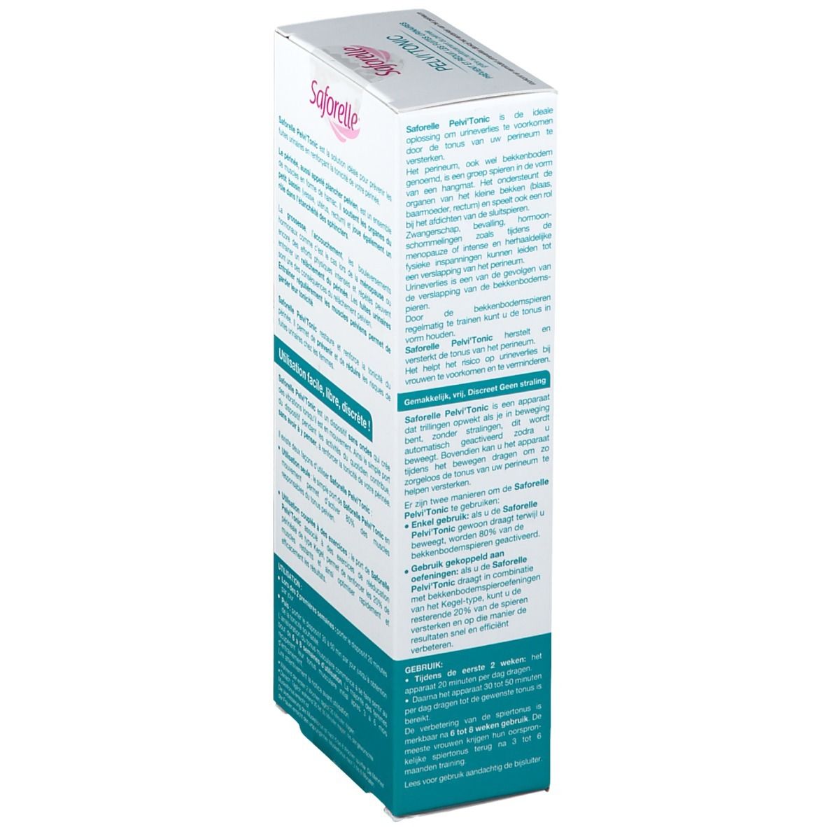 Dos de la boîte Saforelle® PELVI' TONIC. Texte décrivant l'utilisation et les avantages du produit.