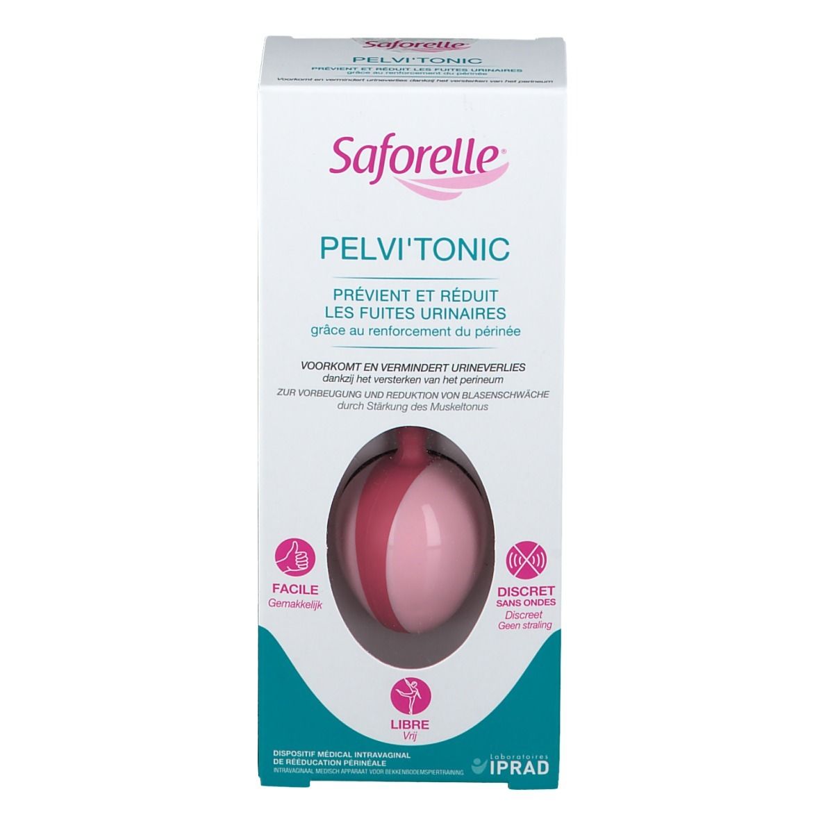 Boîte Saforelle® PELVI' TONIC. Produit rose visible. Texte: PELVI' TONIC, prévient et réduit les fuites urinaires.