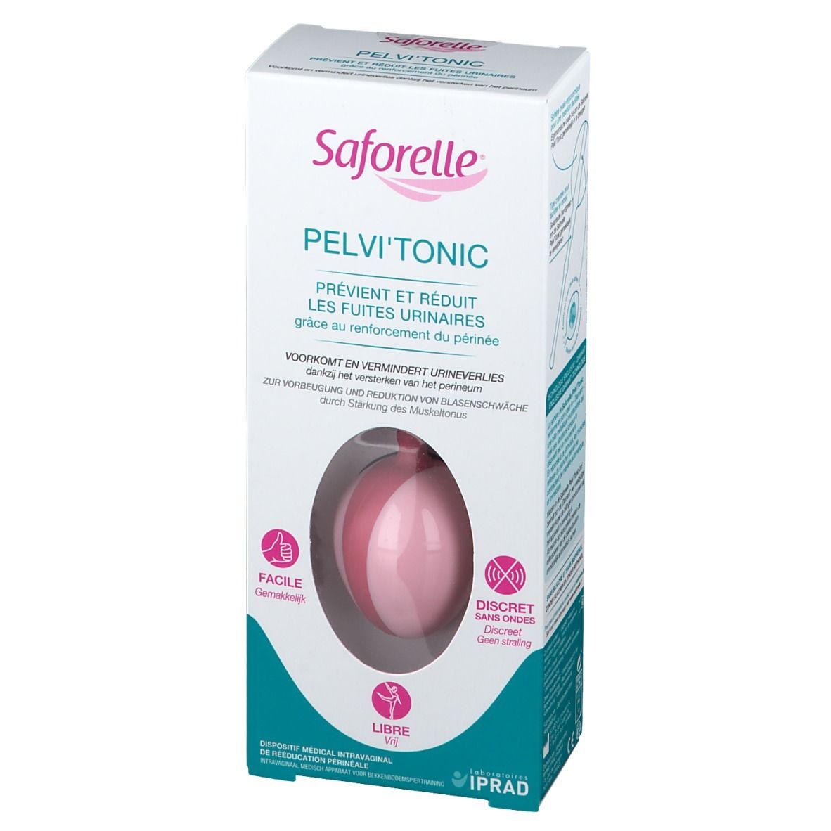 Boîte Saforelle® PELVI' TONIC. Produit rose visible. Texte: PELVI' TONIC, prévient et réduit les fuites urinaires.