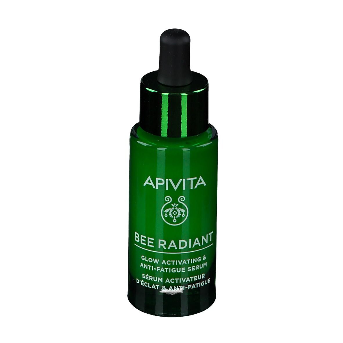 Groene glazen fles met zwarte druppelaar. Opschrift: APIVITA, BEE RADIANT, Serum.