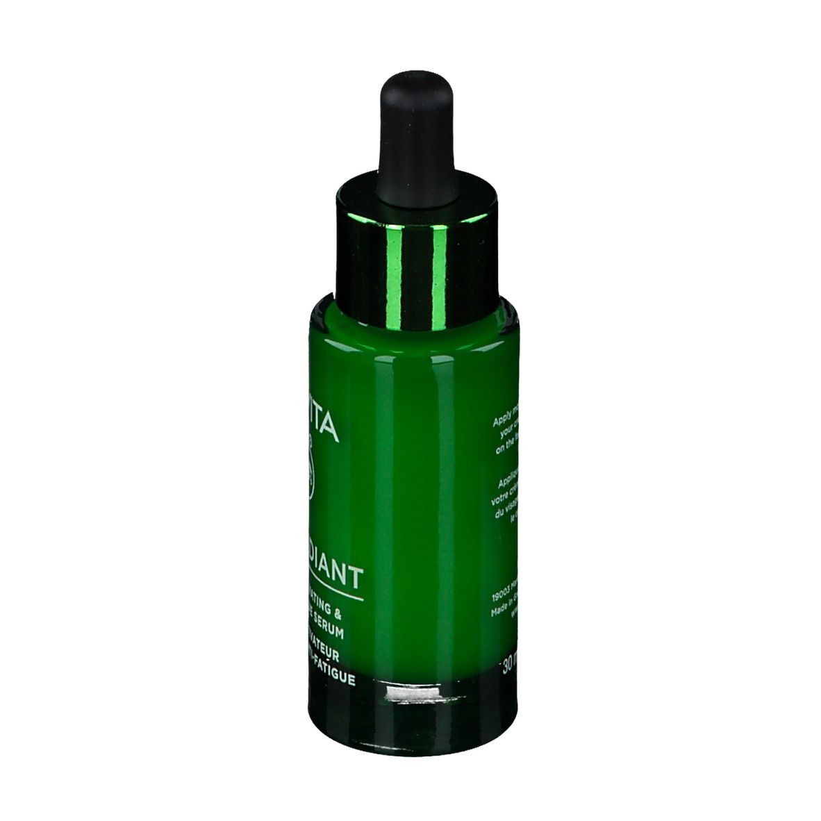 Groene glazen fles met zwarte druppelaar. Opschrift: APIVITA, BEE RADIANT, Serum. Tekst op achterkant.