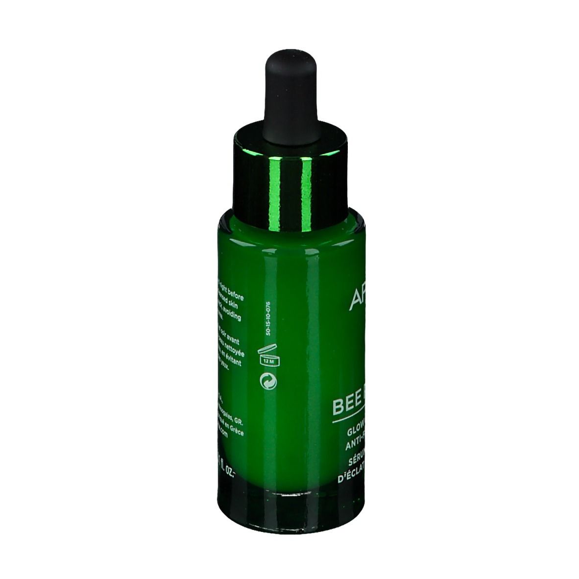 Groene glazen fles met zwarte druppelaar. Opschrift: APIVITA, BEE RADIANT, Serum. Tekst op achterkant.