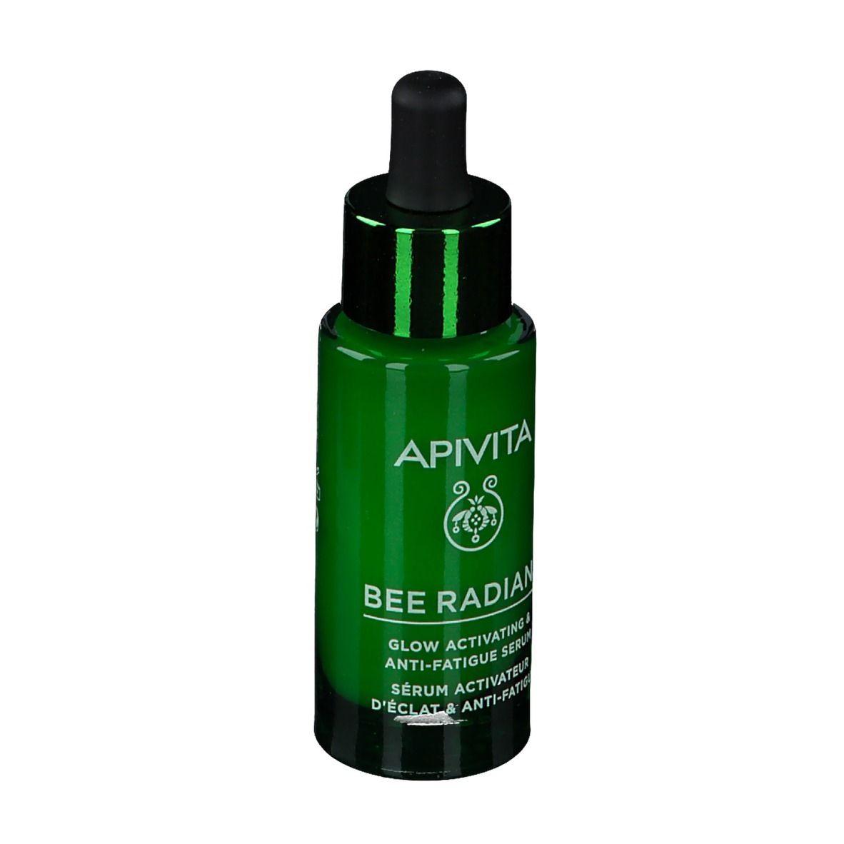 Groene glazen fles met zwarte druppelaar. Opschrift: APIVITA, BEE RADIANT, Serum.