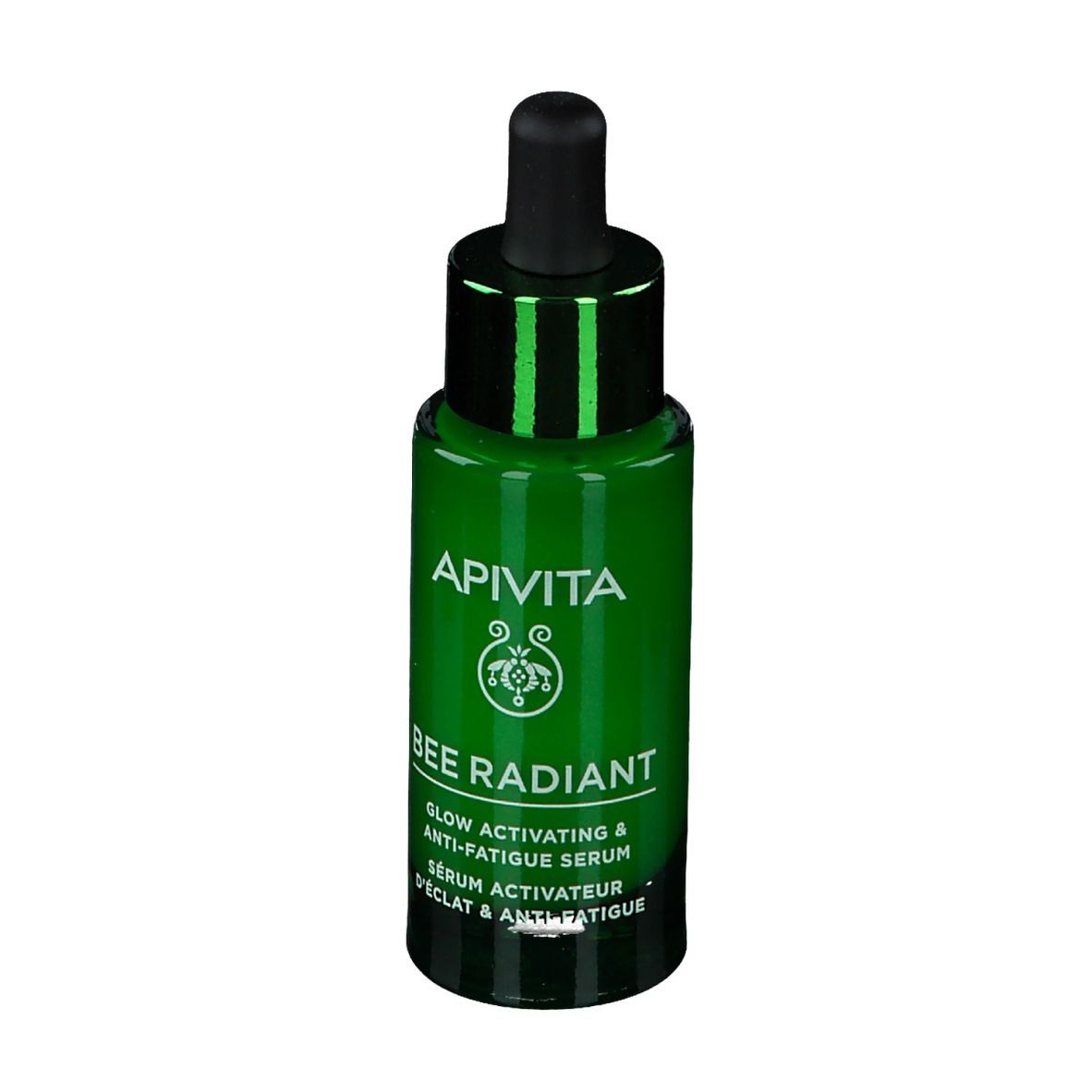 Groene glazen fles met zwarte druppelaar. Opschrift: APIVITA, BEE RADIANT, Serum.