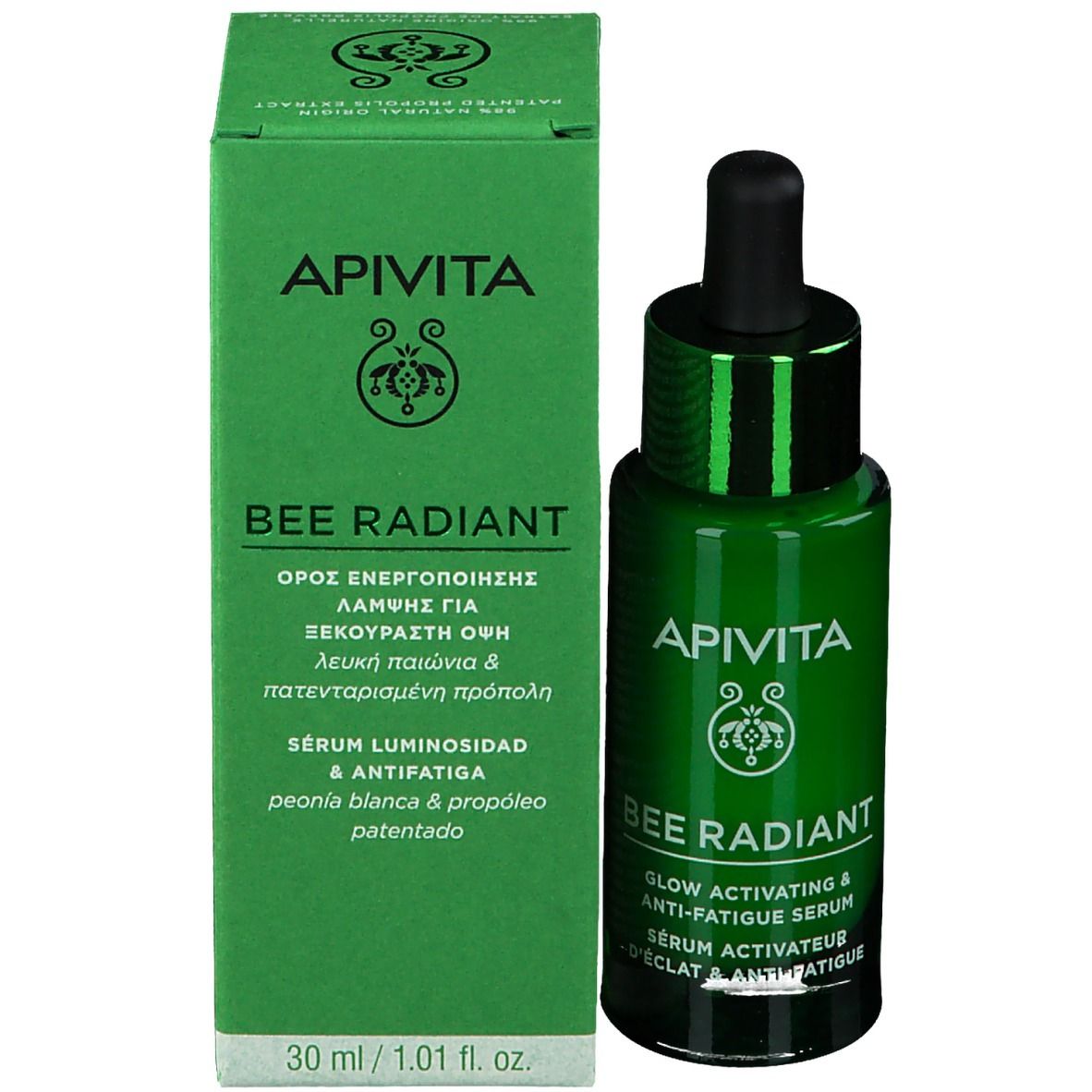 Groene doos en fles met druppelaar. Opschrift: APIVITA, BEE RADIANT, Serum. 30 ml.