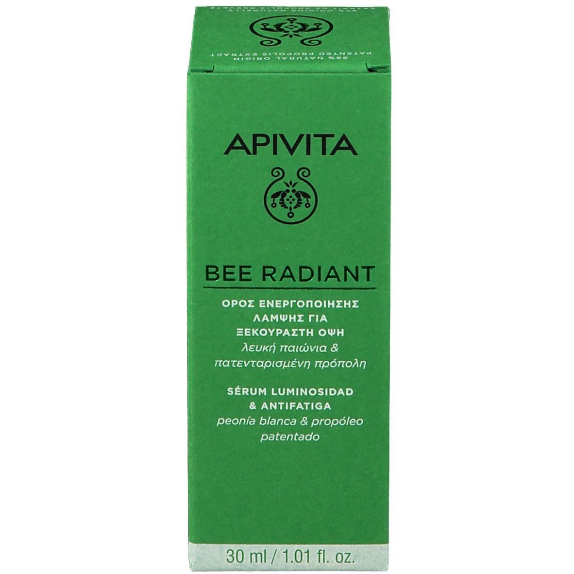 Groene doos. Opschrift: APIVITA, BEE RADIANT, Serum. 30 ml.