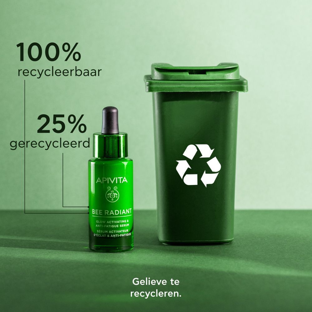 Product, vuilnisbak. Opschrift: APIVITA, BEE RADIANT, Serum. 100% recyclebaar.