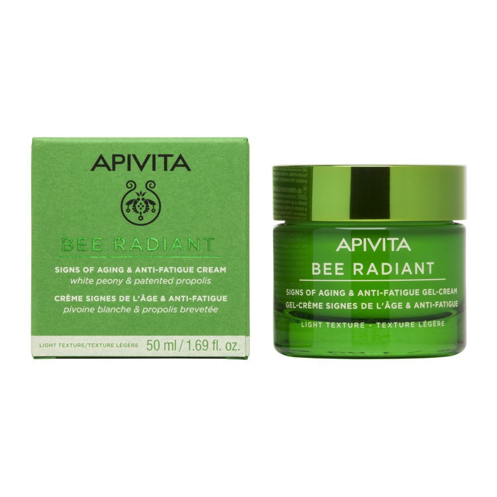 Pot et boîte de crème verts. Inscription : APIVITA BEE RADIANT. Texture : légère. 50 ml.