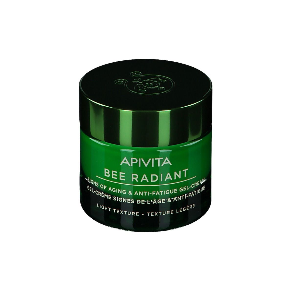 Pot de crème vert avec couvercle noir. Inscription : APIVITA BEE RADIANT. Texture : légère.