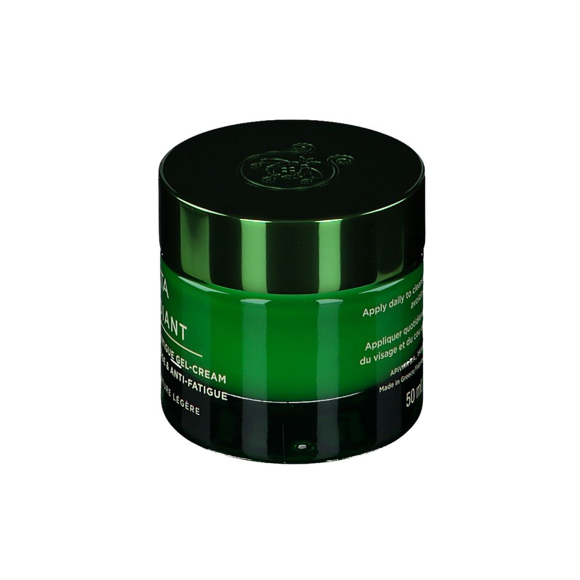 Pot de crème vert avec couvercle noir. Inscription : APIVITA BEE RADIANT. Texture : légère.