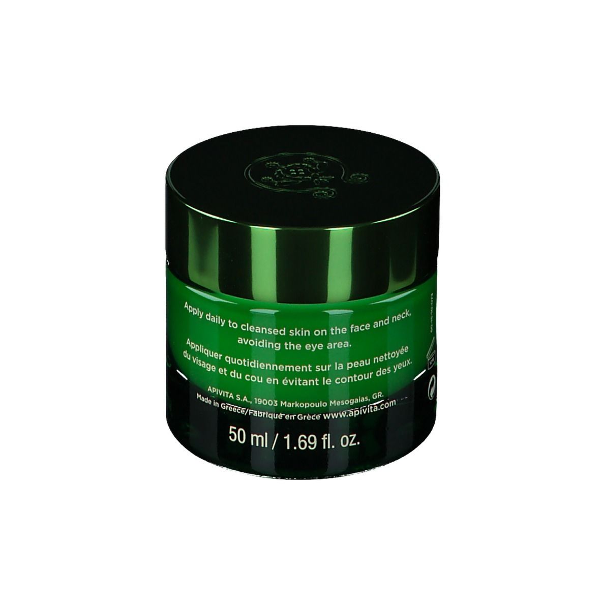 Pot de crème vert avec couvercle noir. Inscription : APIVITA BEE RADIANT. Texture : légère.