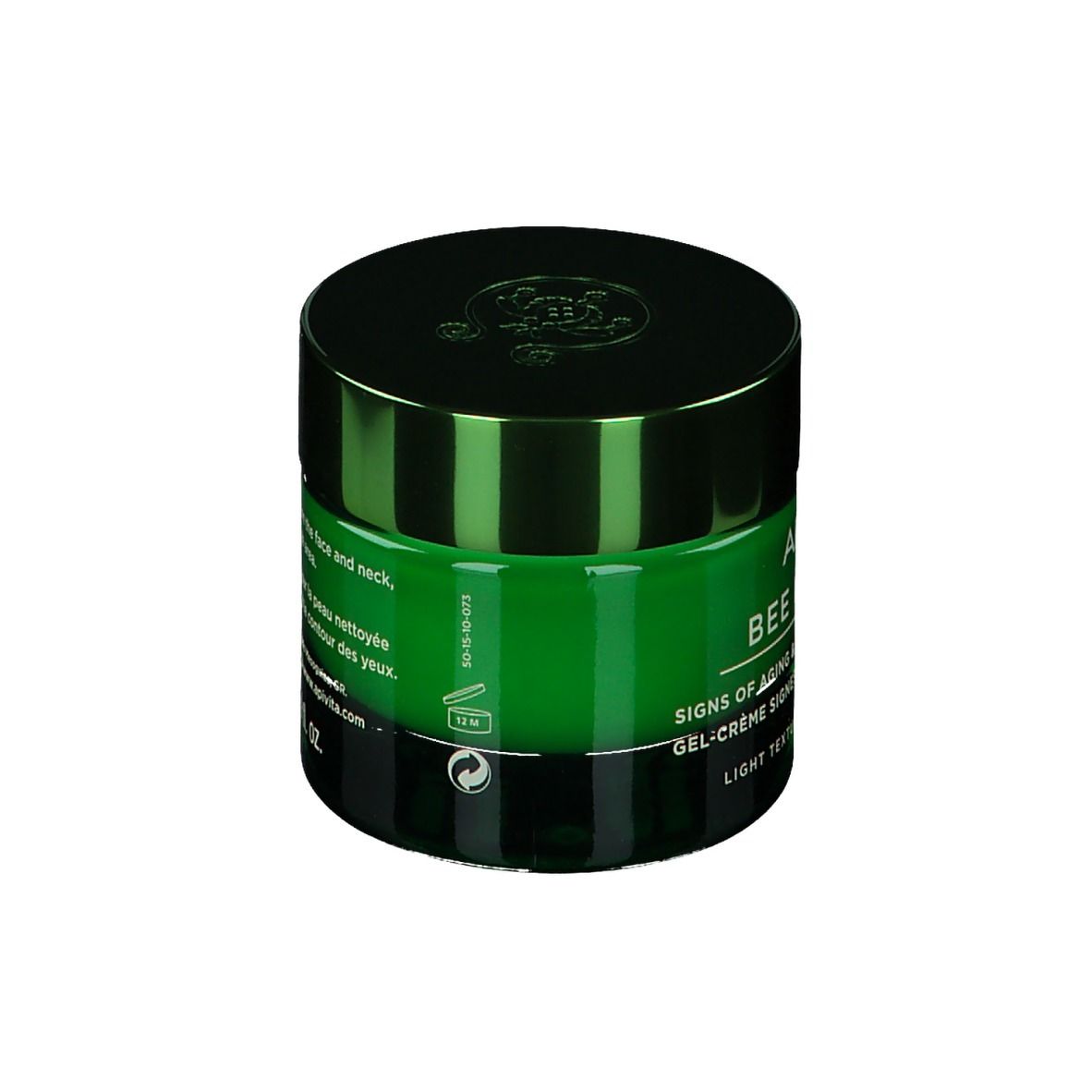 Pot de crème vert avec couvercle noir. Inscription : APIVITA BEE RADIANT. Texture : légère.