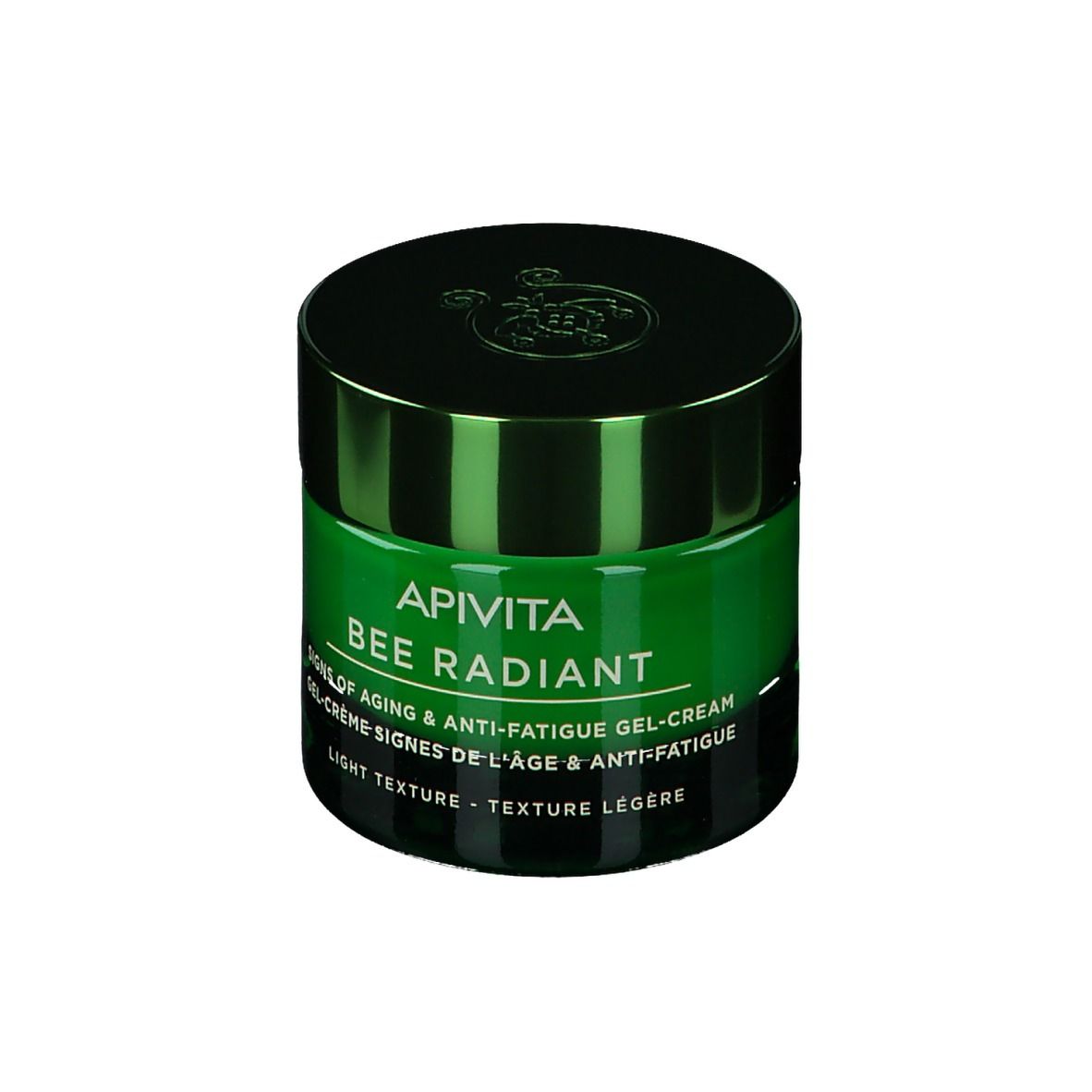 Pot de crème vert avec couvercle noir. Inscription : APIVITA BEE RADIANT. Texture : légère.