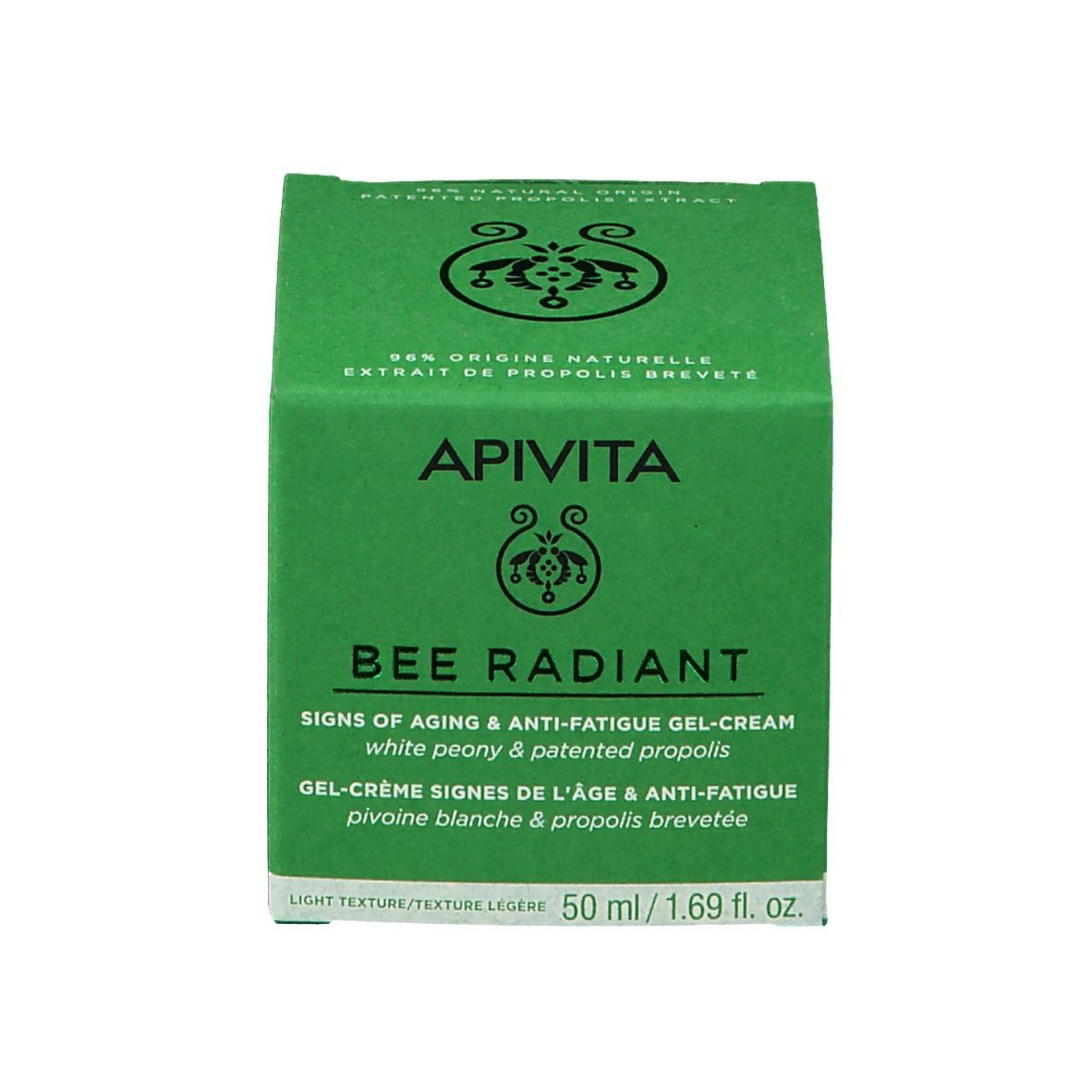 Boîte verte. Inscription : APIVITA BEE RADIANT. Texture : légère. 50 ml.