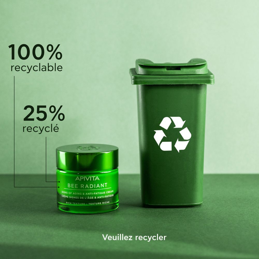 Pot de crème, poubelle. Texte : 100% recyclable, 25% recyclé. Veuillez recycler.