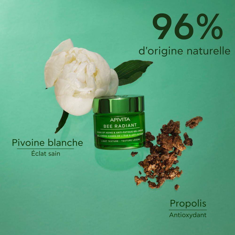 Pot de crème, fleurs, texte. 96% d'origine naturelle. Pivoine blanche, Propolis.