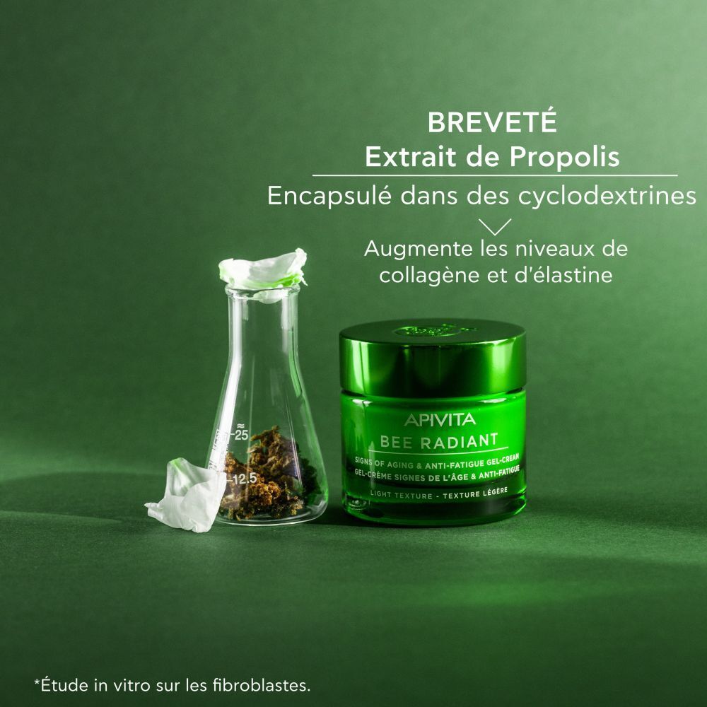 Pot de crème, tube à essai. Texte : Extrait de Propolis breveté. Augmente collagène.