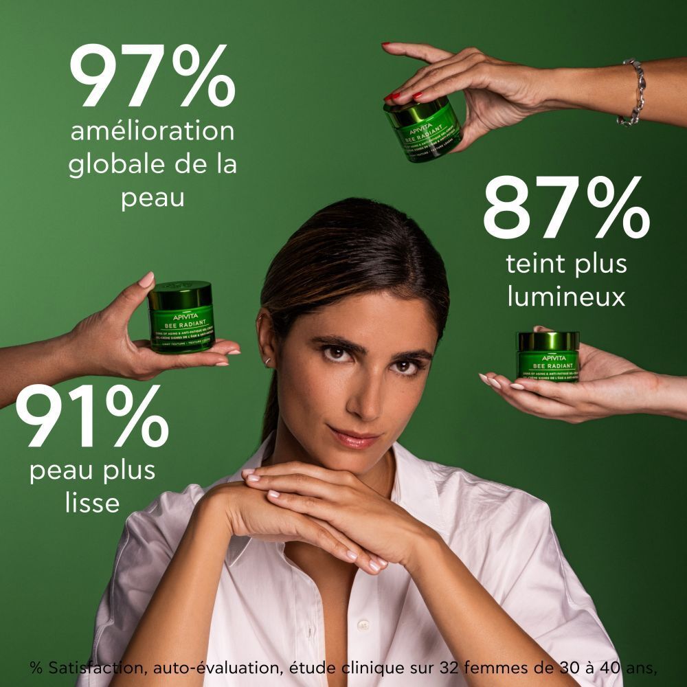 Femme avec pots de crème. Texte : 97% amélioration peau, 87% teint plus lumineux, 91% peau plus lisse.