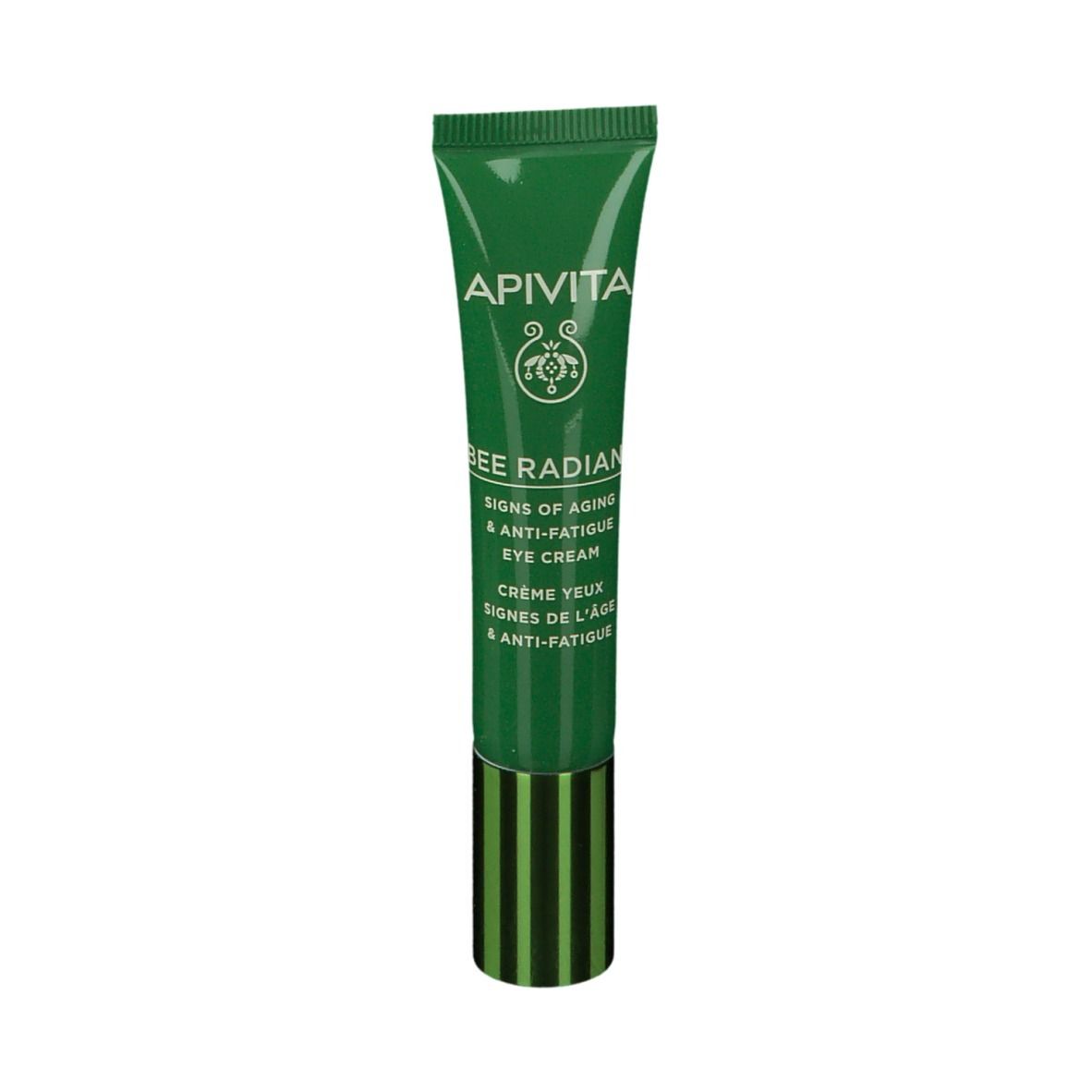 Tube verte d'une crème pour les yeux. Texte: APIVITA, BEE RADIANT, Signs of Aging & Anti-Fatigue Eye Cream.