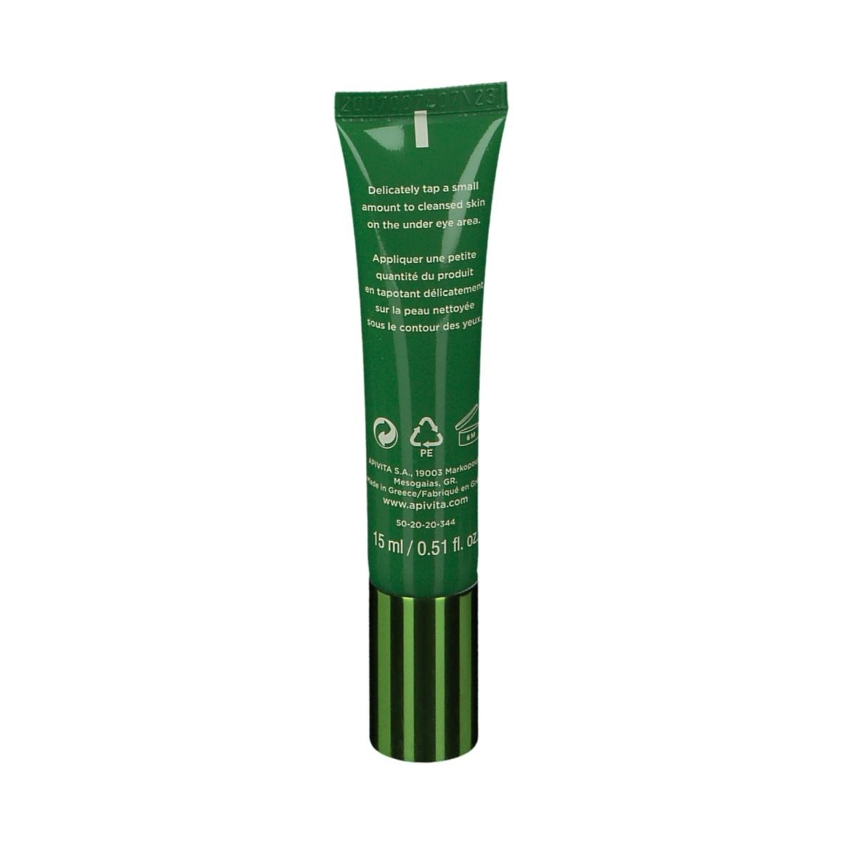 Dos du tube vert avec texte. Texte: 15 ml / 0.51 fl. oz. Instructions d'utilisation.