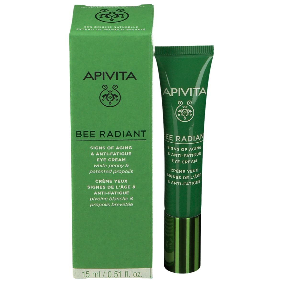 Boîte et tube verts. Texte: APIVITA, BEE RADIANT, Signs of Aging & Anti-Fatigue Eye Cream. 15 ml / 0.51 fl. oz.