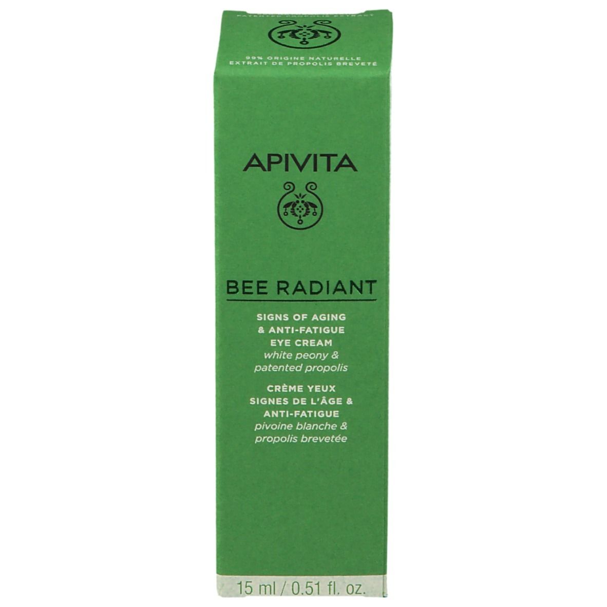 Boîte verte. Texte: APIVITA, BEE RADIANT, Signs of Aging & Anti-Fatigue Eye Cream. 15 ml / 0.51 fl. oz.