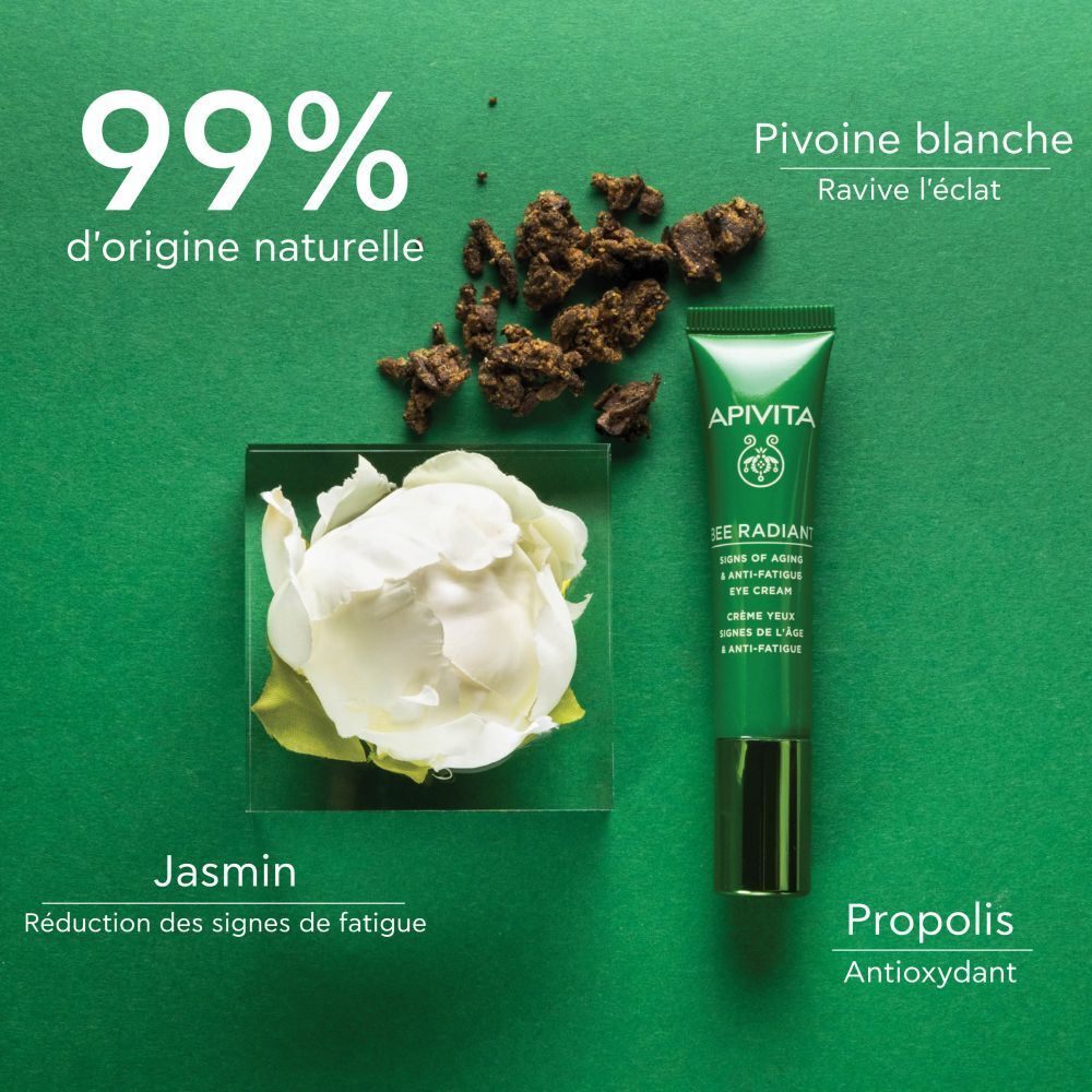 Image du produit avec ingrédients. Texte: 99% d'origine naturelle, Jasmin, Propolis.