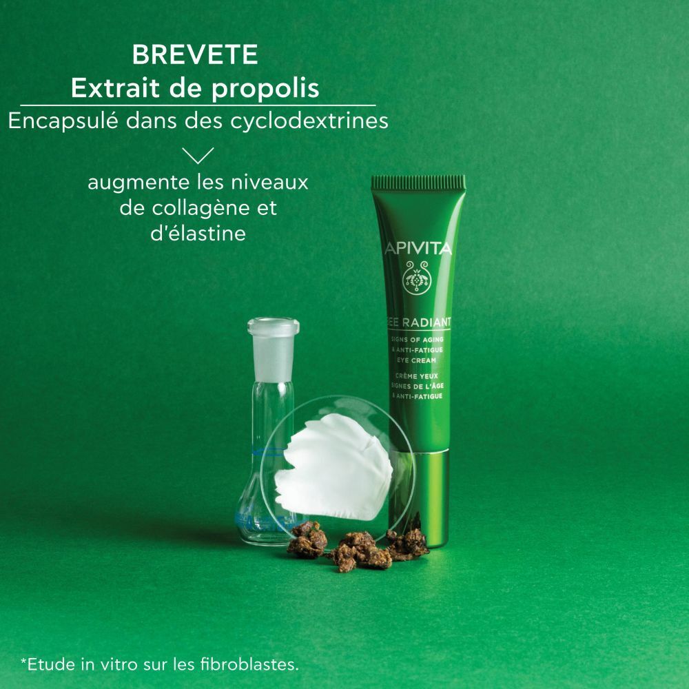 Image du produit avec ingrédients. Texte: BREVETE, Extrait de propolis, augmente le collagène.