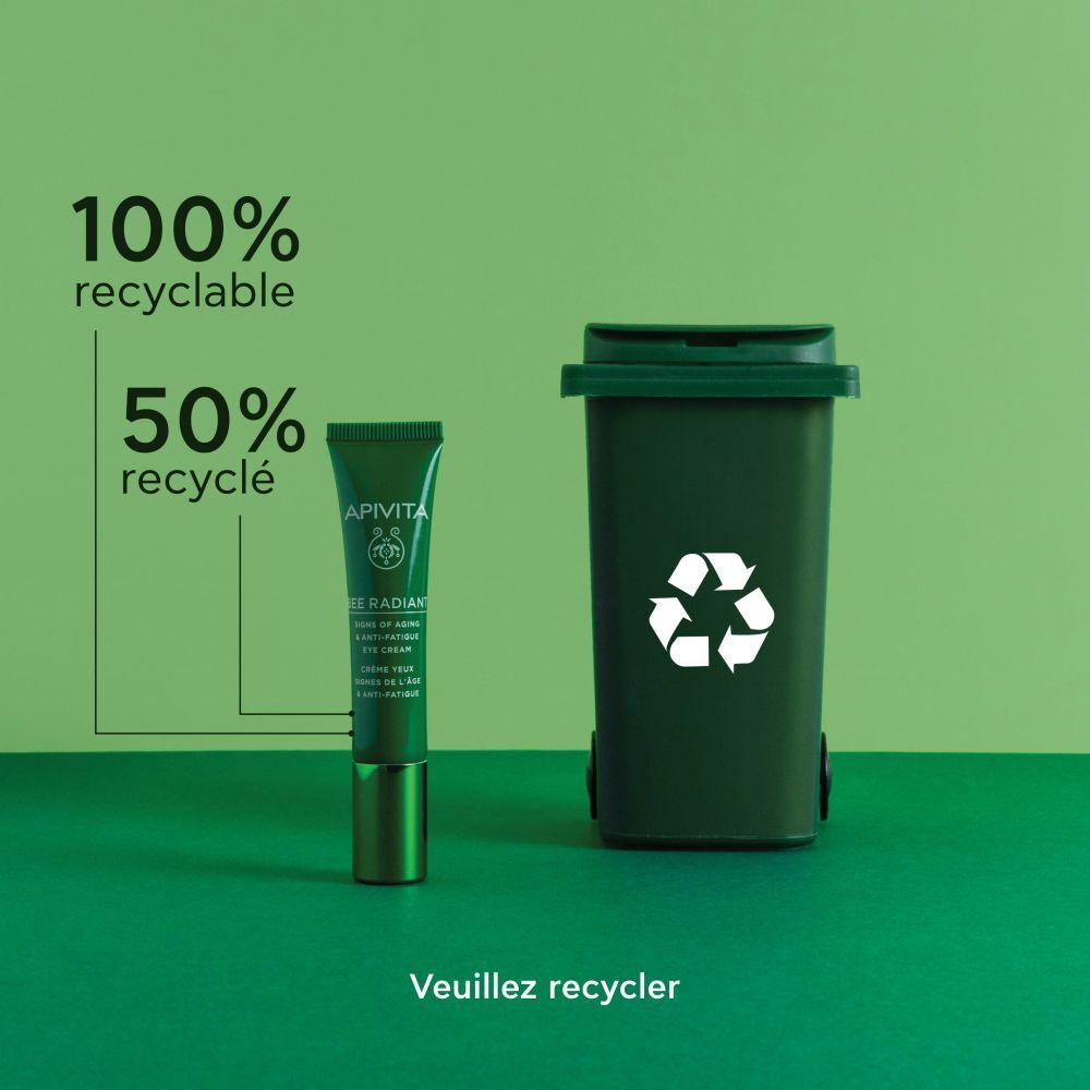 Produit et poubelle. Texte: 100% recyclable, 50% recyclé. Veuillez recycler!
