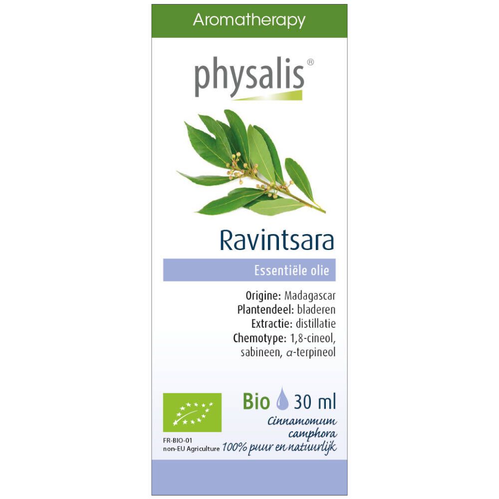 Flacon de 30 ml d'huile essentielle Physalis Ravintsara Bio. Illustration de feuilles et label bio.