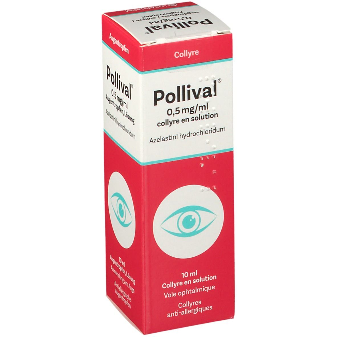Rode en witte vouwdoos met Pollival oogdruppels. Bevat 0,5 mg/ml azelastinehydrochloride. 10 ml. Oogsymbool.