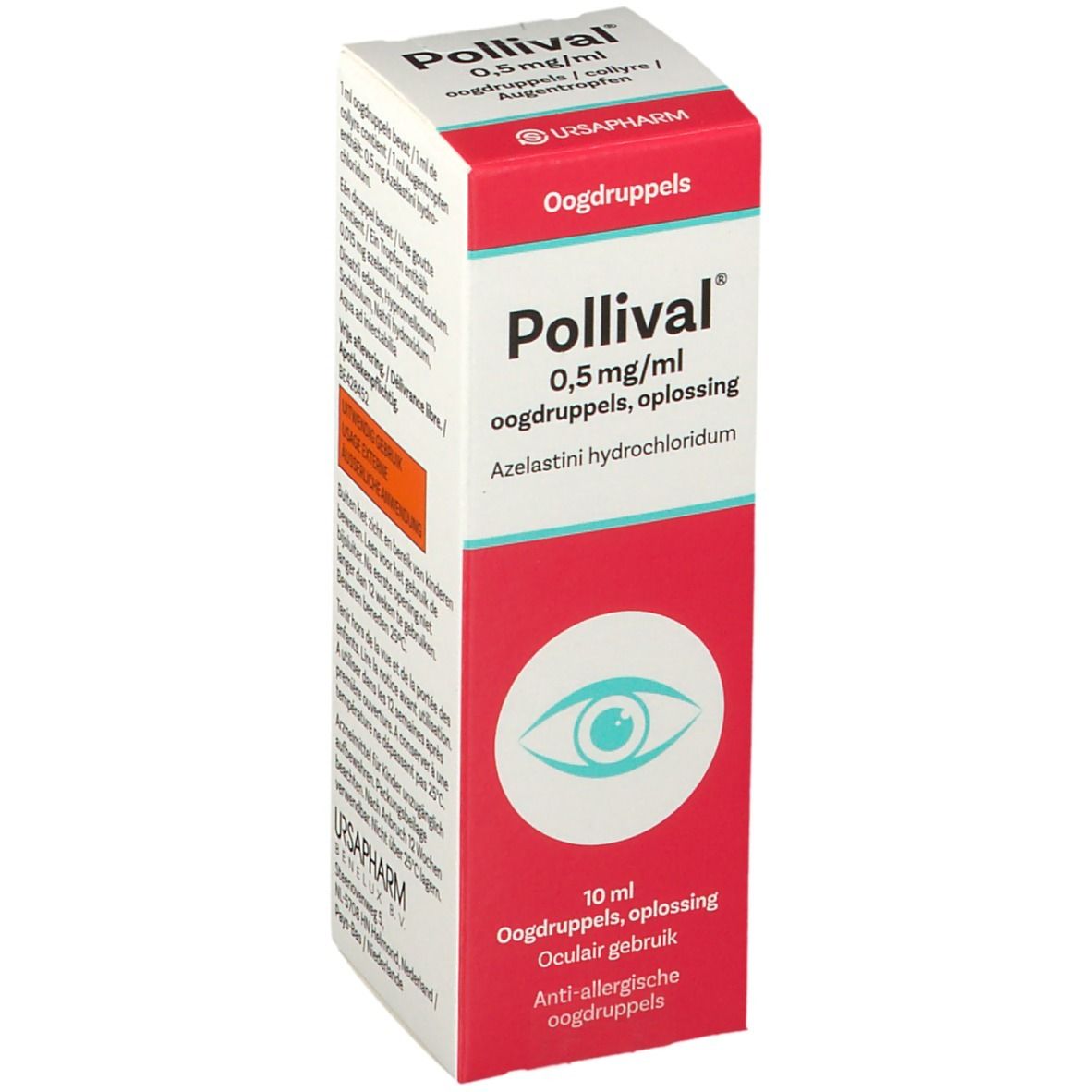 Pollival verpakking, rode en witte doos. Bevat 0,5 mg/ml azelastinehydrochloride. 10 ml. Oogdruppels. Anti-allergisch.