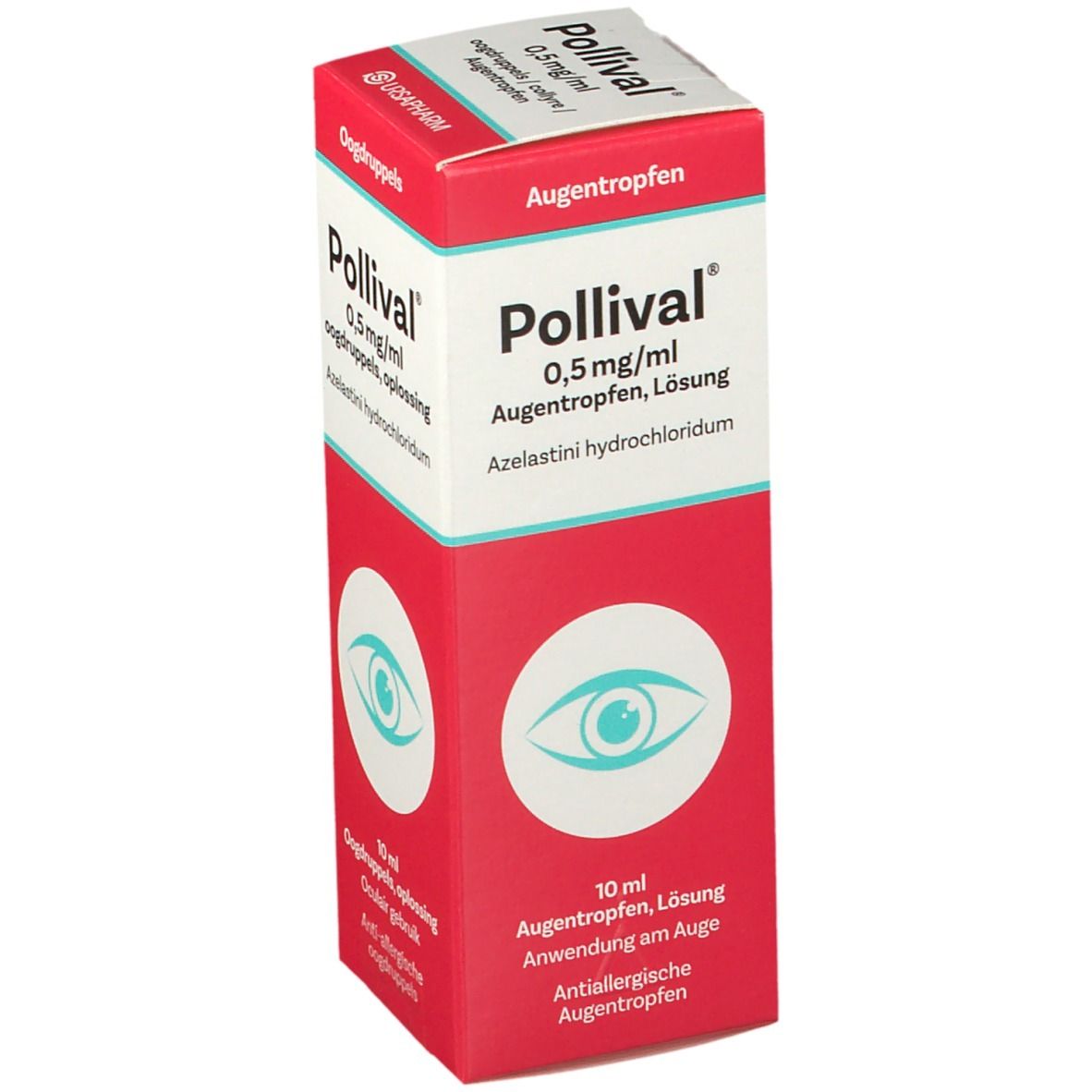 Rode en witte vouwdoos met Pollival oogdruppels. Bevat 0,5 mg/ml azelastinehydrochloride. 10 ml. Gebruik voor het oog.