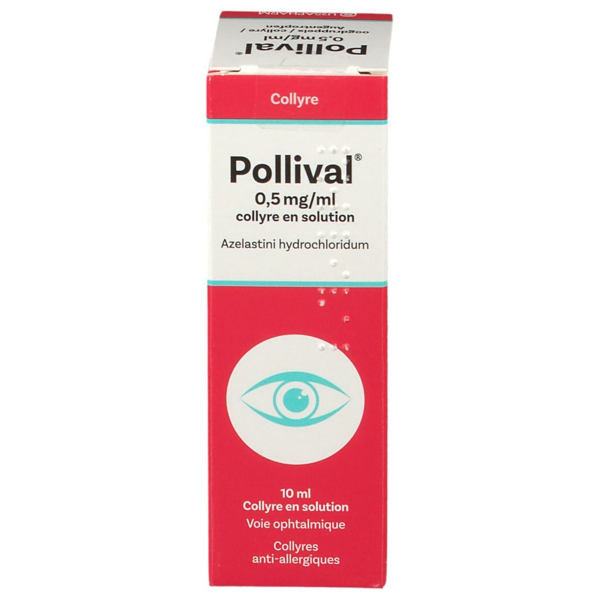 Pollival verpakking, rode en witte doos. Bevat 0,5 mg/ml azelastinehydrochloride. 10 ml. Collyre en solution. Voie ophtalmique.