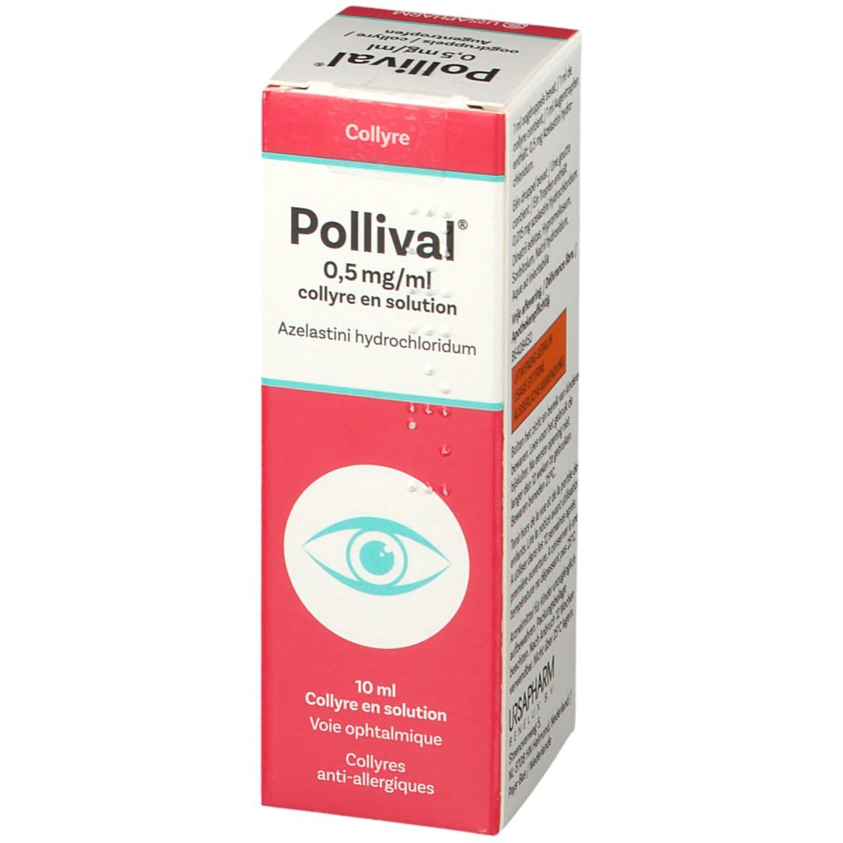 Pollival verpakking, rode en witte doos. Bevat 0,5 mg/ml azelastinehydrochloride. 10 ml. Collyre en solution. Voie ophtalmique.