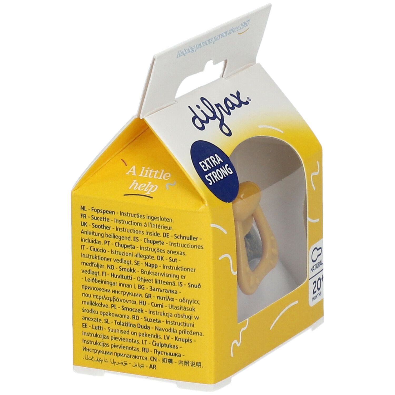 Gele speen in gele verpakking met tekst. Opschriften: difrax, Extra Strong, Natural, 20+ maanden. Meertalige instructies.