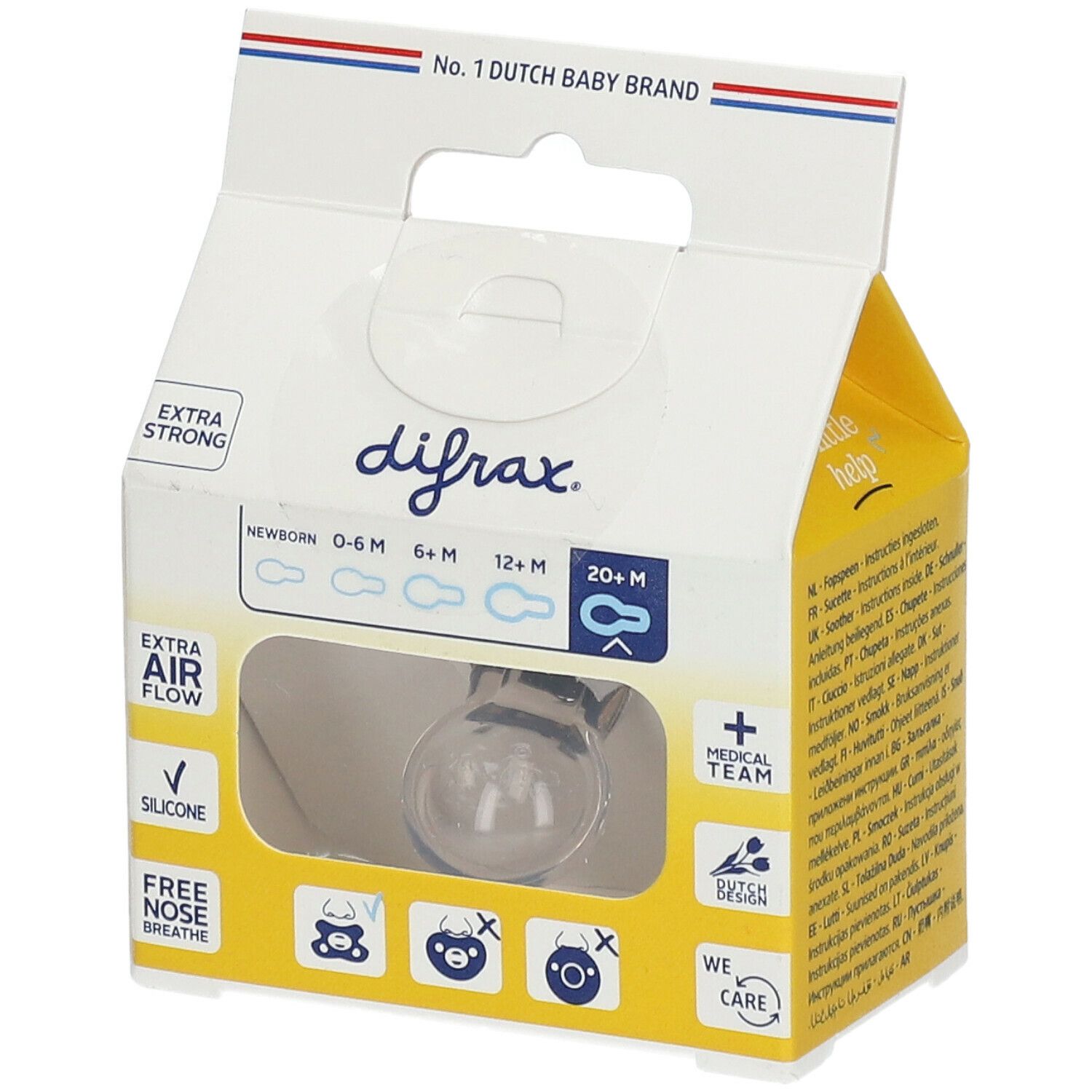 Transparante speen in gele verpakking. Opschriften: difrax, Extra Air Flow, 20+ maanden, 0-6M, 6M, 12+M. Logo.
