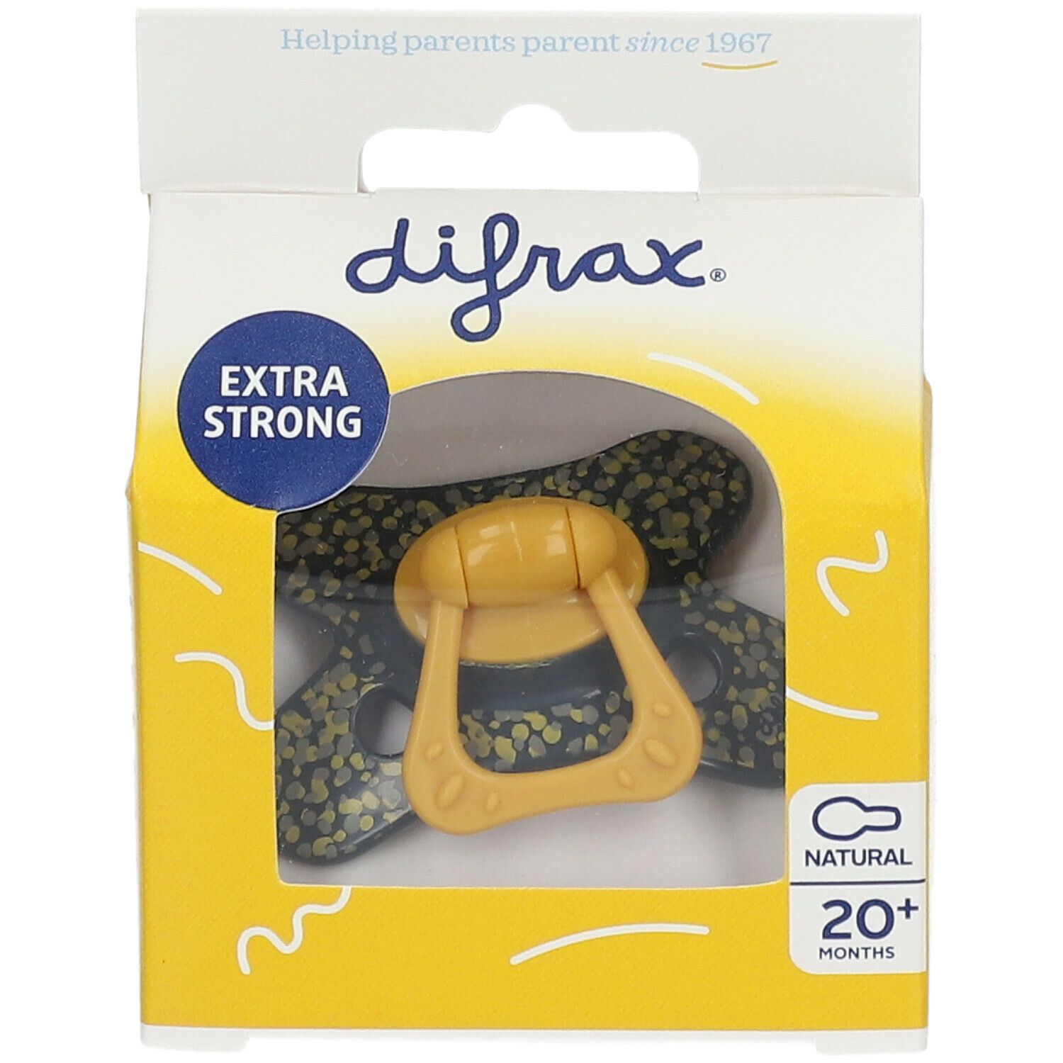 Gele speen in gele verpakking met venster. Opschriften: difrax, Extra Strong, Natural, 20+ maanden.