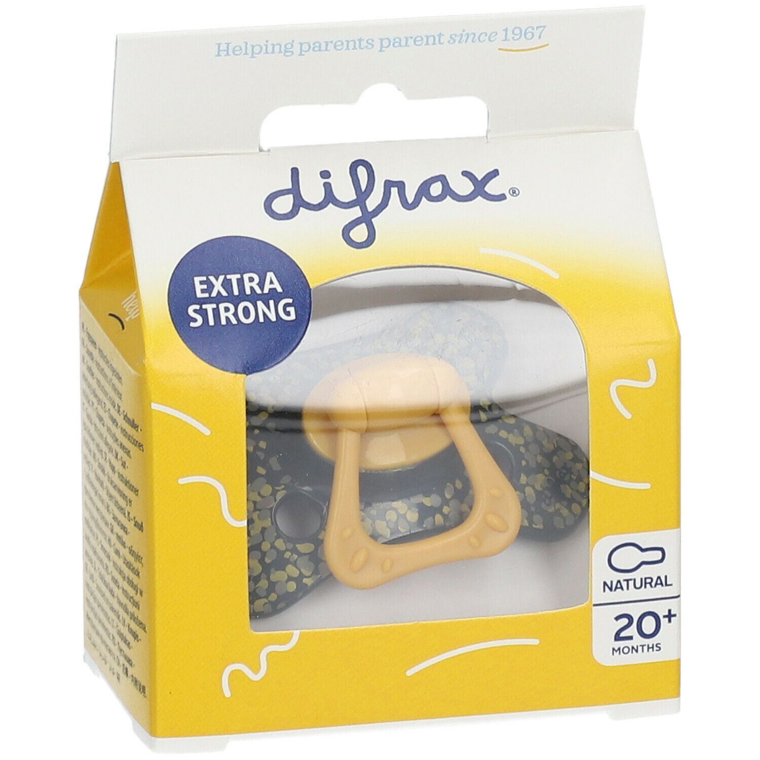 Gele speen in gele verpakking met venster. Opschriften: difrax, Extra Strong, Natural, 20+ maanden.
