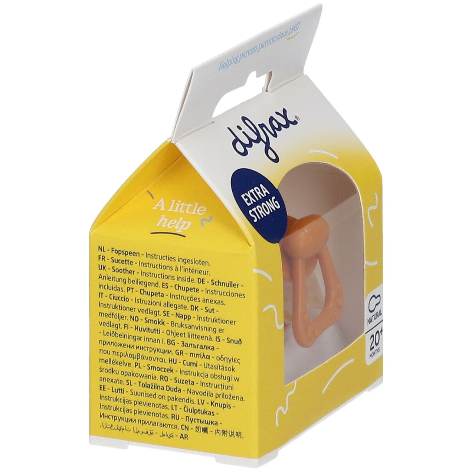 Verpakking met fopspeen. Opschrift: difrax, EXTRA STRONG, NATURAL, 20+ MONTHS. Meertalige tekst. Gele achtergrond.